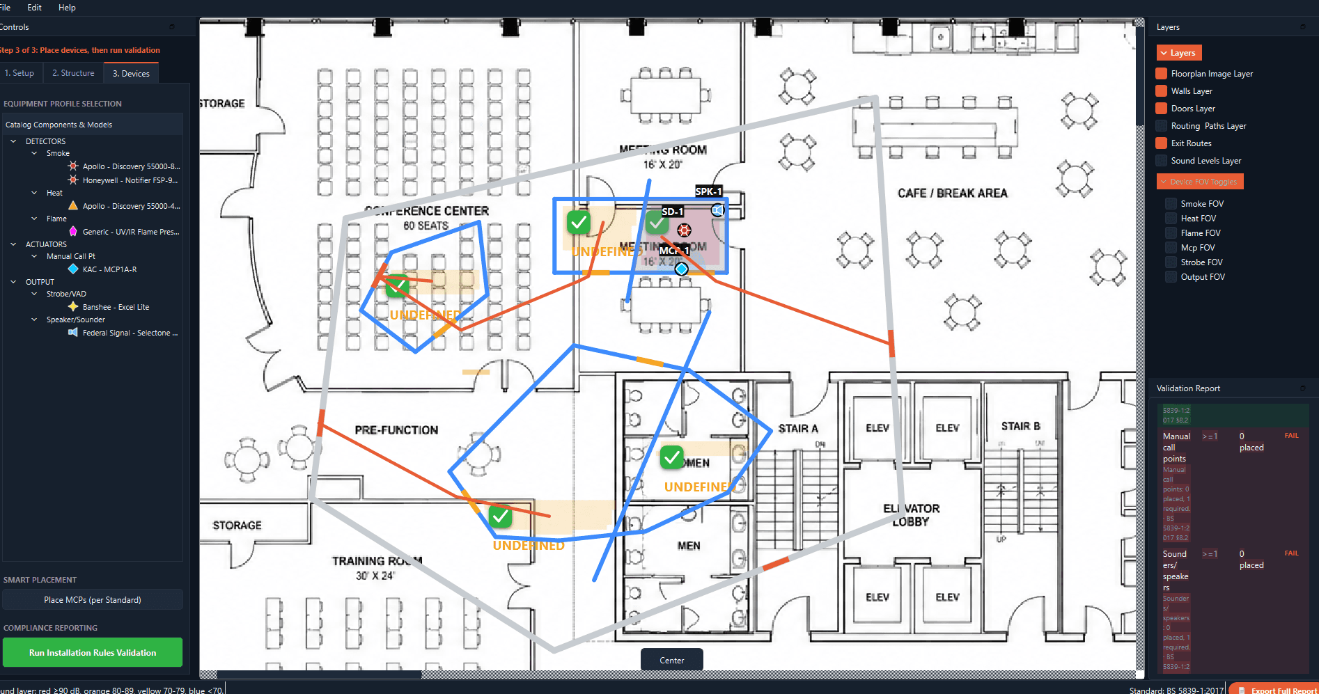 Plot-LV Flame full application window showing a traced floor plan, device catalogue, layer toggles and a live validation report