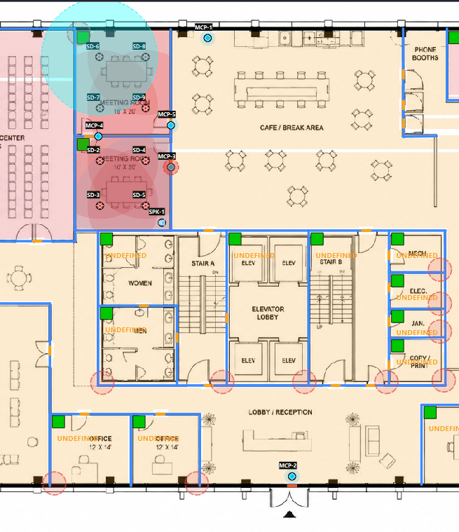 Floor plan with smoke detector coverage areas, manual call points and rooms shaded by compliance state