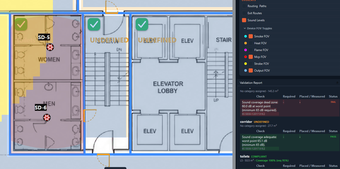 Plot-LV Flame validation report beside a floor plan with wall-aware detector coverage