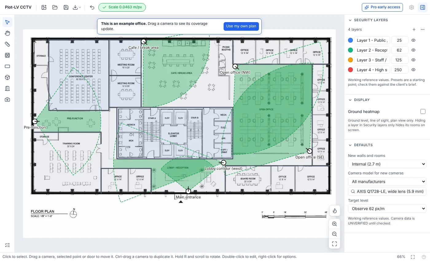 Plot-LV FOV showing an office floor plan with six CCTV cameras and their green coverage areas